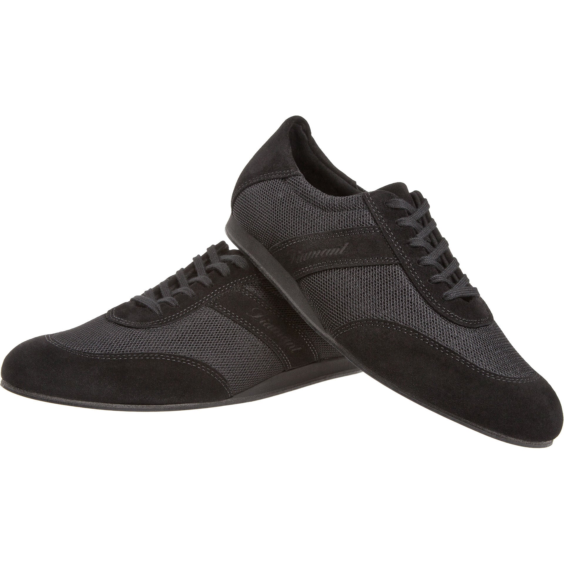 Ein Paar Diamant 192 Tanzsneaker in Schwarz mit gekreuztem Display, bestehend aus strukturiertem Stoff und Velourleder.